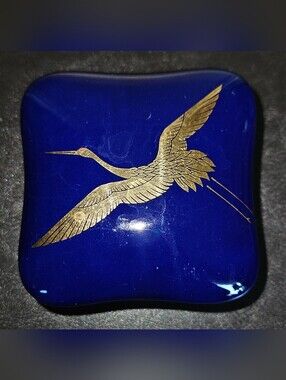 Vintage Takahashi Cobalt Blue Trinket Box Featuring Gold Crane